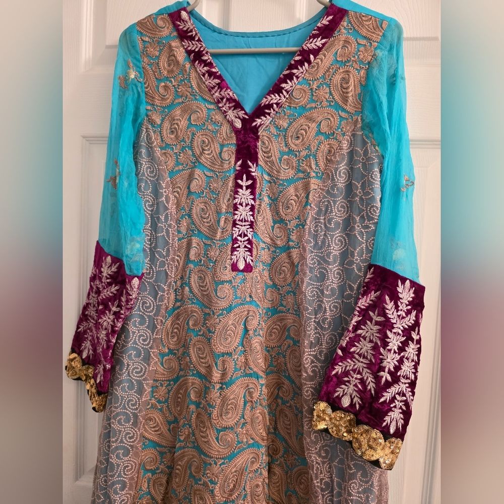 Elegant Blue and Purple Embroidered Dress